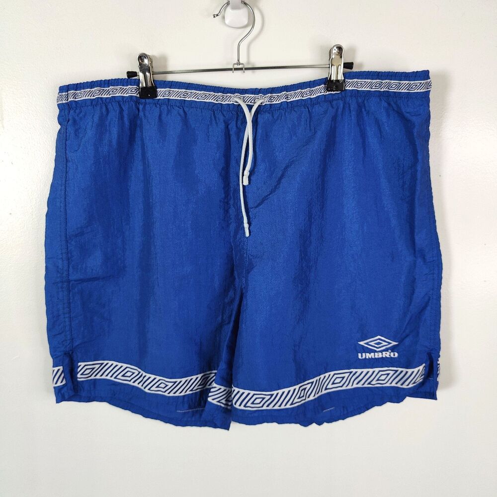 Vintage Umbro 90s Blue Nylon Soccer Shorts Mens Large USA Made Geometric Trim